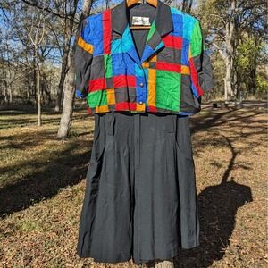 Vintage 80s Colorblock Romper Multicolor Shorts Women's Size 12 Black Playsuit
